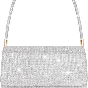 Women’s Silver Faux Leather Evening Clutch Bag with 2 Compartments for Party